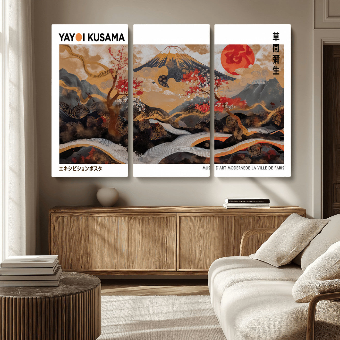 85375874-MGV-CV-36X24-Mount Fuji Abstract Wall Art – Japanese Landscape Canvas Print, Cherry Blossom & Red Sun Painting, Elegant Modern Zen Asian Home