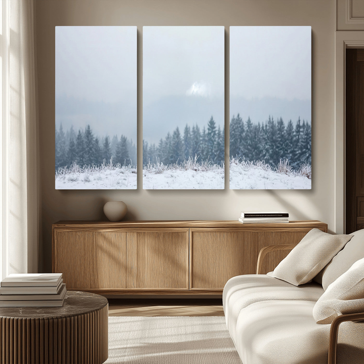 33033082-MGV-CV-36X24-Winter Forest Art Wall Art Canvas Print, Framed Snowy Landscape Art Picture Print, Misty Tree Scene Perfect Nordic Minimalist