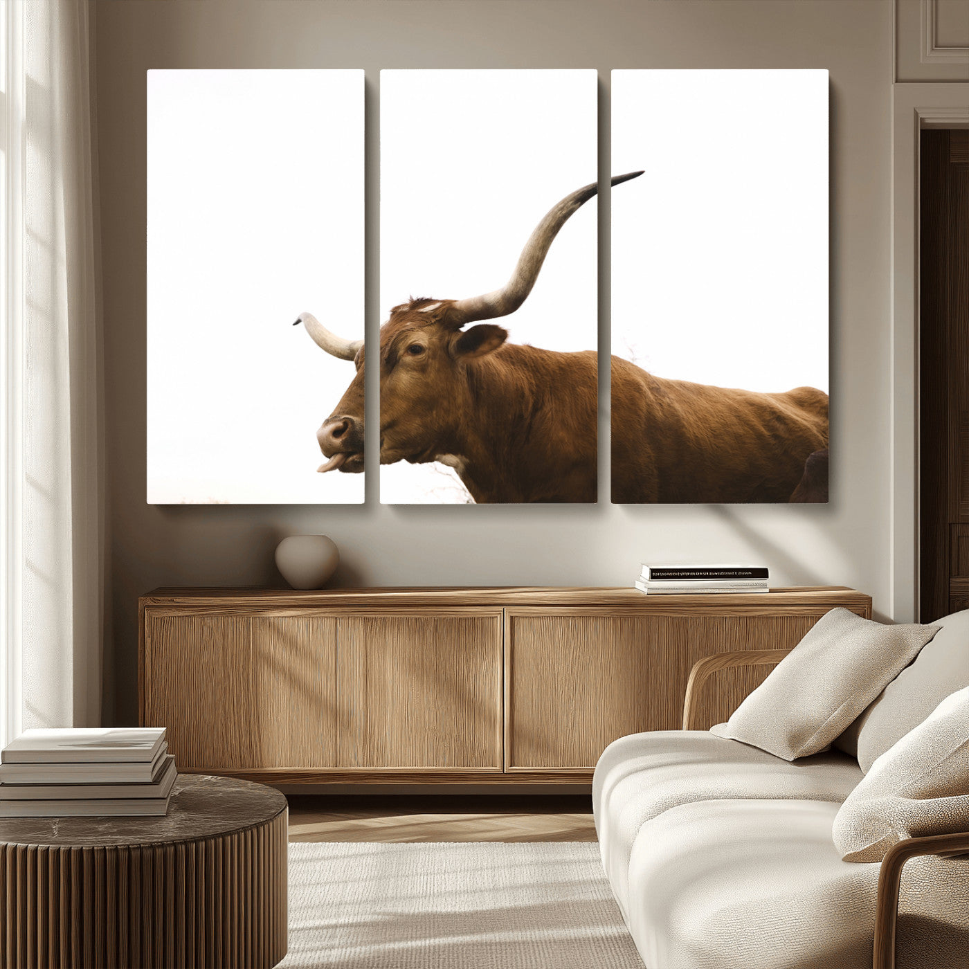 62566114-MGV-CV-36X24-Longhorn Cow Art Wall Art Canvas Print, Framed Rustic Animal Decor Art Picture Print, Texas Bull Photo Perfect Rustic Farmhouse