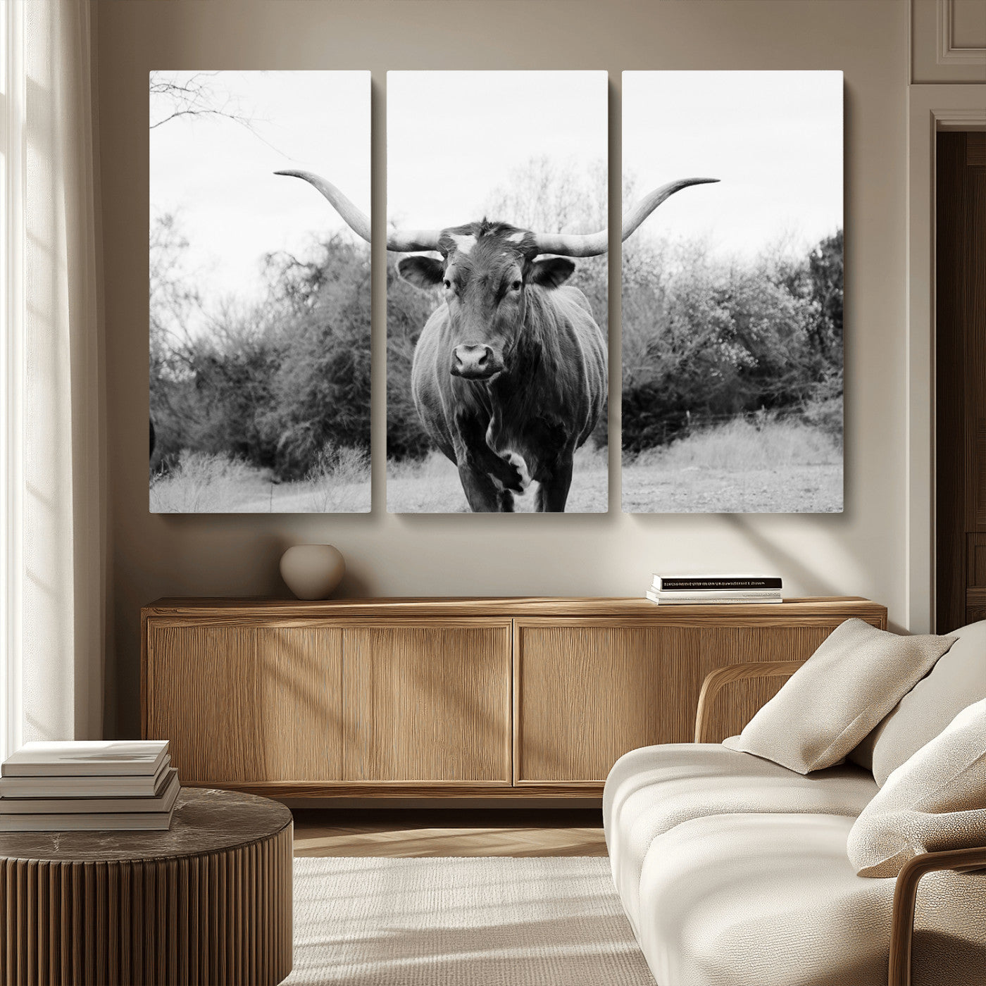 97280319-MGV-CV-48X32-3P-Longhorn Photography Wall Art Canvas Print, Framed Western Cow Decor Art Picture Print, Texas Ranch Style Perfect Rustic Farmhouse