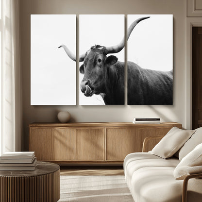 99244177-MGV-CV-36X24-Longhorn Photography Wall Art Canvas Print, Framed Western Cow Decor Art Picture Print, Black White Bull Perfect Modern Rustic
