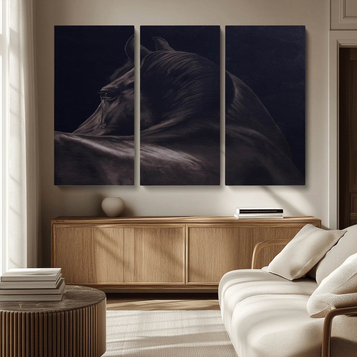 67026880-MGV-CV-36X24-Black Horse Portrait Wall Art Canvas Print, Framed Moody Horse Decor Art Picture Print, Equestrian Wall Style Perfect Masculine