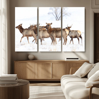 68738684-MGV-CV-36X24-Winter Elk Scene Wall Art Canvas Print, Framed Wildlife Photography Art Picture Print, Snowy Deer Decor Perfect Rustic Lodge Decor