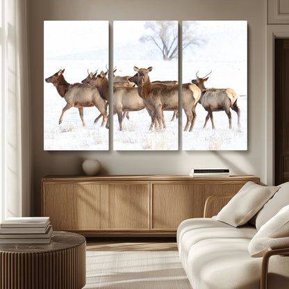 68738684-MGV-CV-36X24-Winter Elk Scene Wall Art Canvas Print, Framed Wildlife Photography Art Picture Print, Snowy Deer Decor Perfect Rustic Lodge Decor