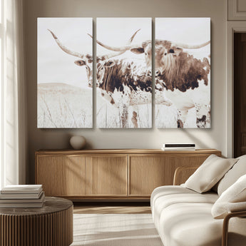 48161868-MGV-CV-36X24-Longhorn Cow Decor Wall Art Canvas Print, Framed Rustic Cattle Art Picture Print, Sepia Western Vibe Perfect Neutral Rustic