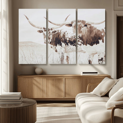 48161868-MGV-CV-36X24-Longhorn Cow Decor Wall Art Canvas Print, Framed Rustic Cattle Art Picture Print, Sepia Western Vibe Perfect Neutral Rustic