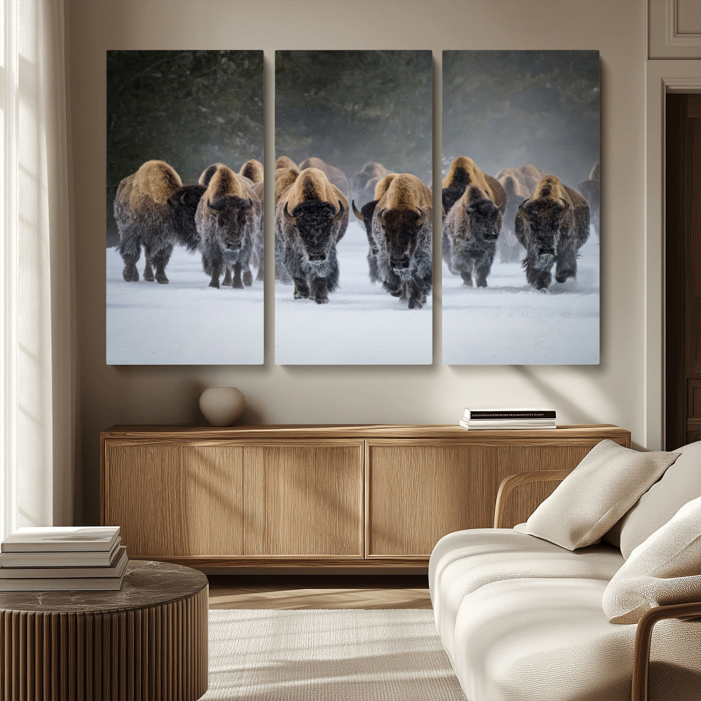 41669135-MGV-CV-36X24-Bison Herd Scene Wall Art Canvas Print, Framed Rustic Wildlife Decor Art Picture Print, Snowy Bison Landscape Perfect Rustic