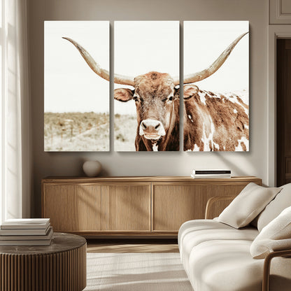 98924580-MGV-CV-36X24-Texas Longhorn Bull Wall Art Canvas Print, Framed Rustic Farmhouse Decor Art Picture Print, Western Animal Theme Perfect Rustic