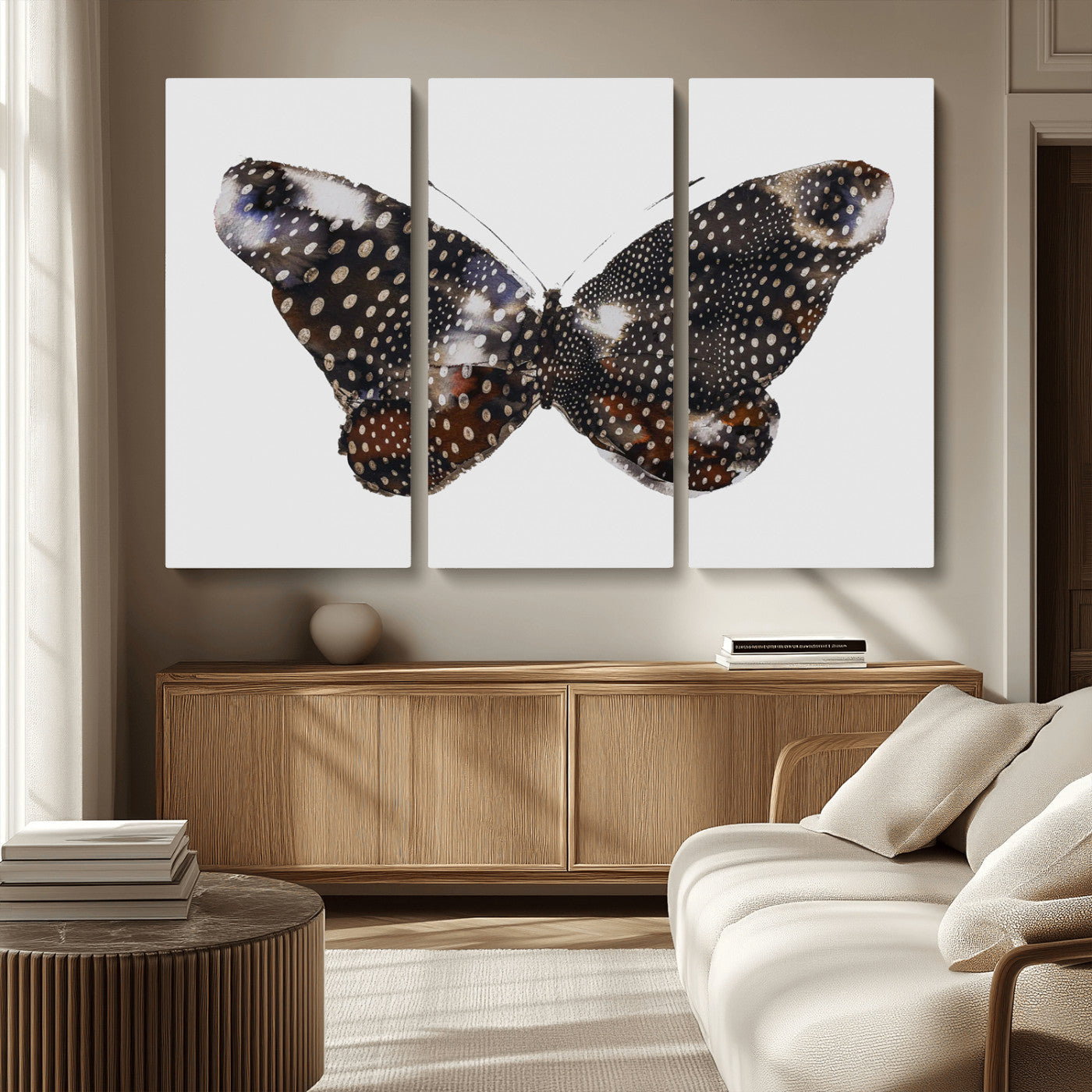 99831147-MGV-CV-36X24-Spotted Butterfly Wall Art Canvas Print, Framed Neutral Insect Theme Art Picture Print, Earthy Wing Pattern Perfect Modern Rustic
