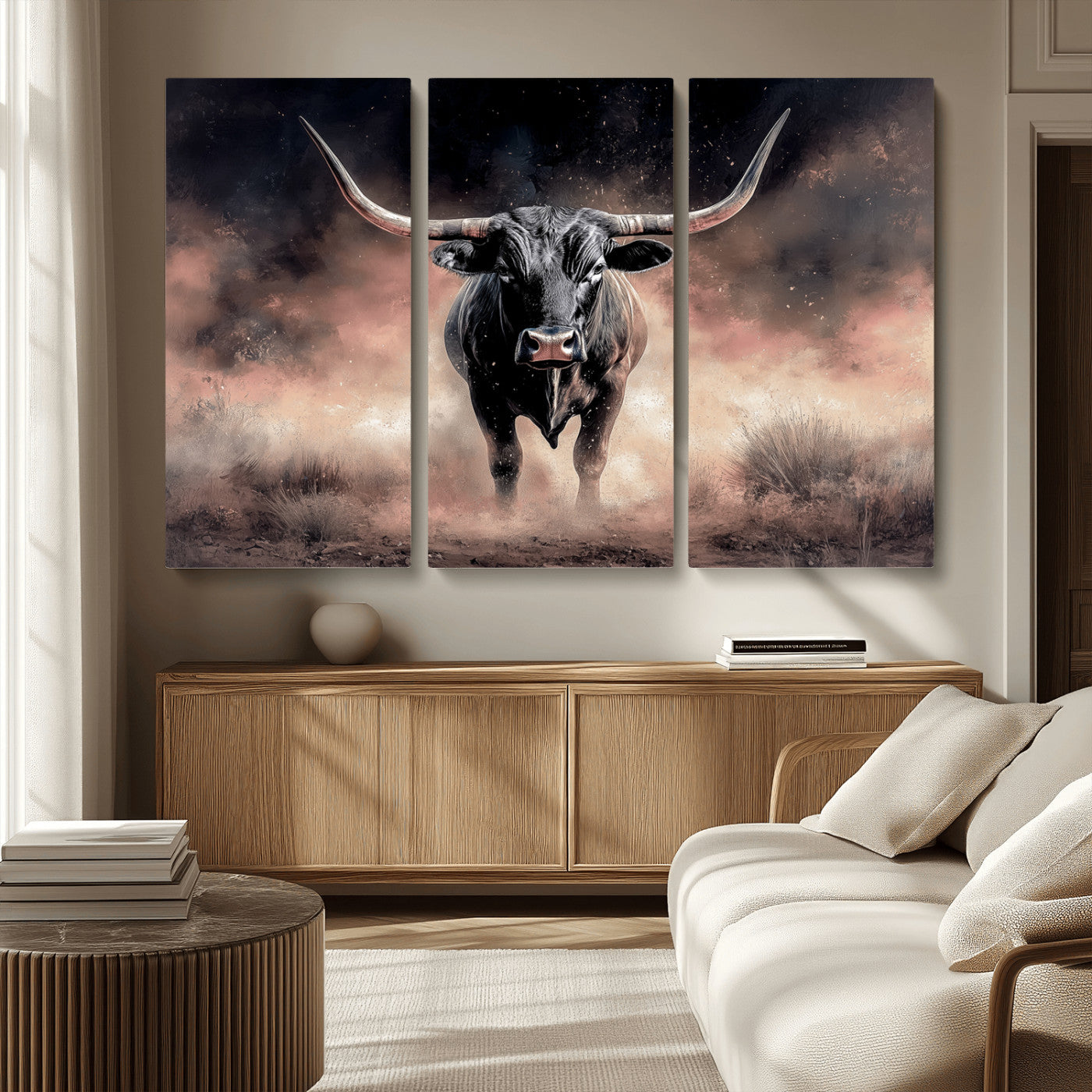 71457818-MGV-CV-36X24-Longhorn Wall Art Wall Art Canvas Print, Framed Western Bull Canvas Art Picture Print, Rustic Cow Decor Perfect Western Dramatic
