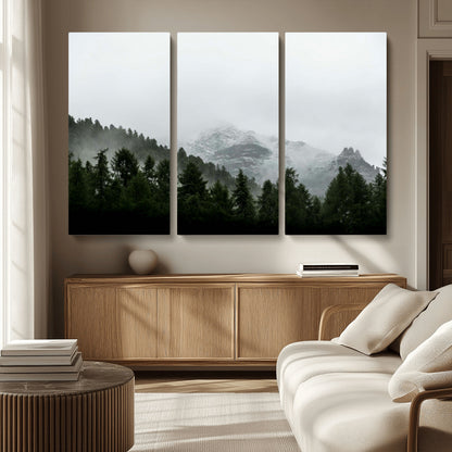 55968349-MGV-CV-36X24-Misty Mountains Wall Art Canvas Print, Framed Foggy Forest Art Picture Print, Snowy Peaks Perfect Moody Wilderness Decor Artwork