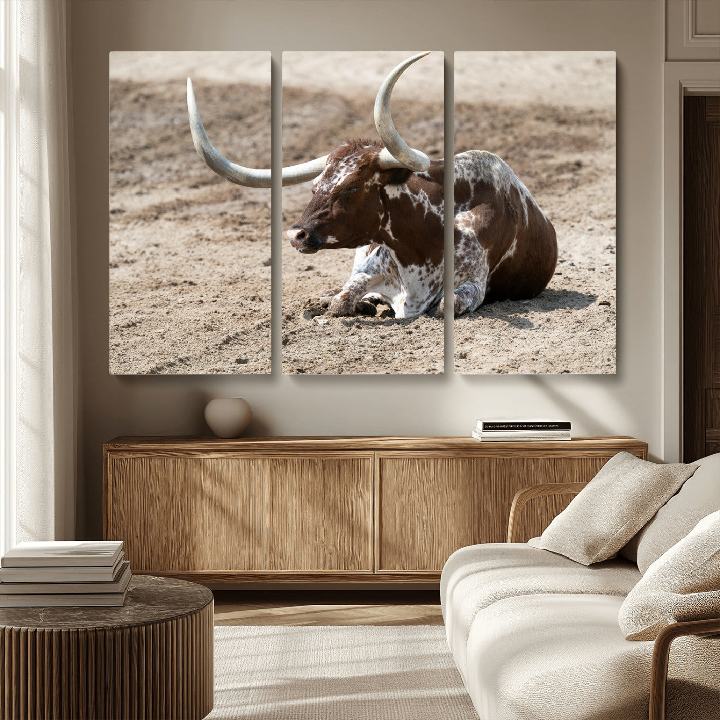 76549210-MGV-CV-36X24-Texas Longhorn Wall Art Canvas Print, Framed Country Living Art Picture Print, Farmhouse Aesthetic Perfect Western Rustic Decor