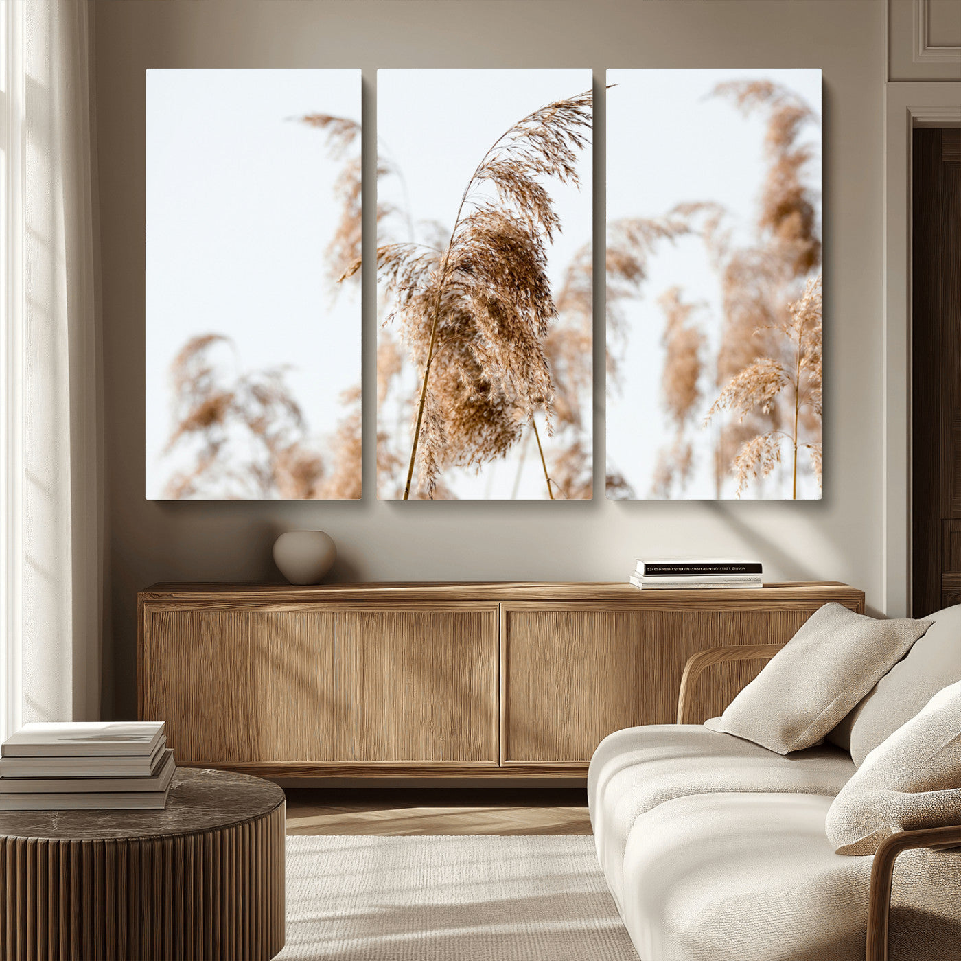 17019393-MGV-CV-36X24-Pampas Grass Wall Art Canvas Print, Framed Neutral Tones Art Picture Print, Minimalist Nature Perfect Boho Minimalist Decor