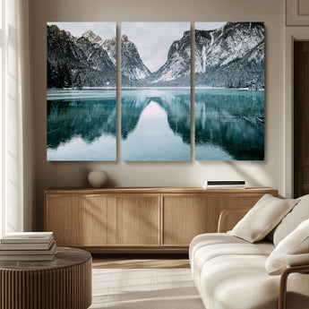 73098373-MGV-CV-36X24-Mountain Lake Wall Art Canvas Print, Framed Winter Wonderland Art Picture Print, Snowy Peaks Perfect Modern Nature Decor Artwork