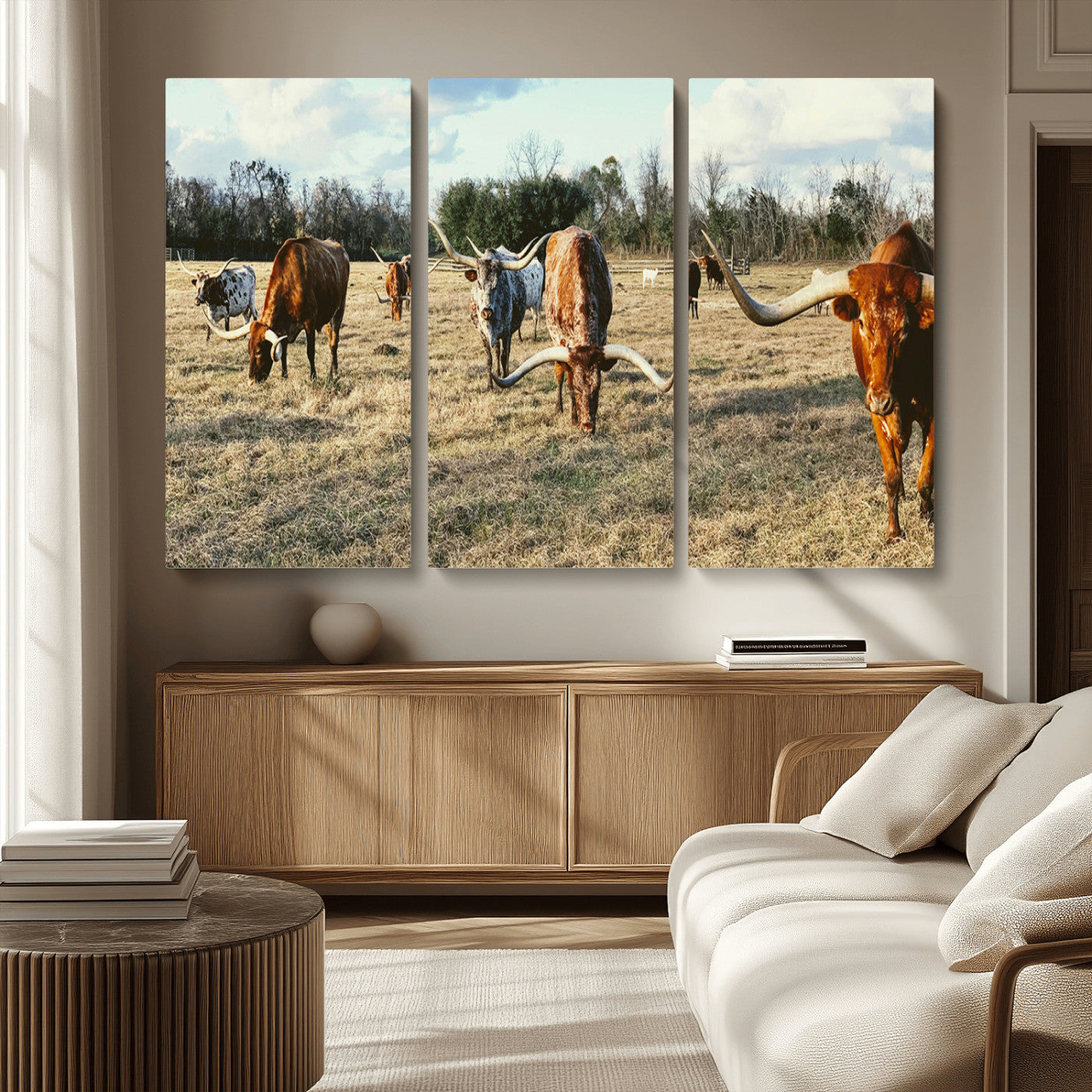 39144651-MGV-CV-36X24-Texas Longhorns Wall Art Canvas Print, Framed Rustic Farm Scene Art Picture Print, Western Cattle Perfect Rustic Farmhouse Decor