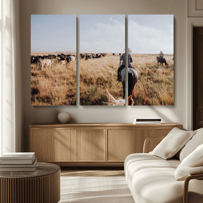 22431577-MGV-CV-36X24-Western Wall Art Wall Art Canvas Print, Framed Cowboy Canvas Art Picture Print, Cattle Drive Scene Perfect Rustic Western Decor