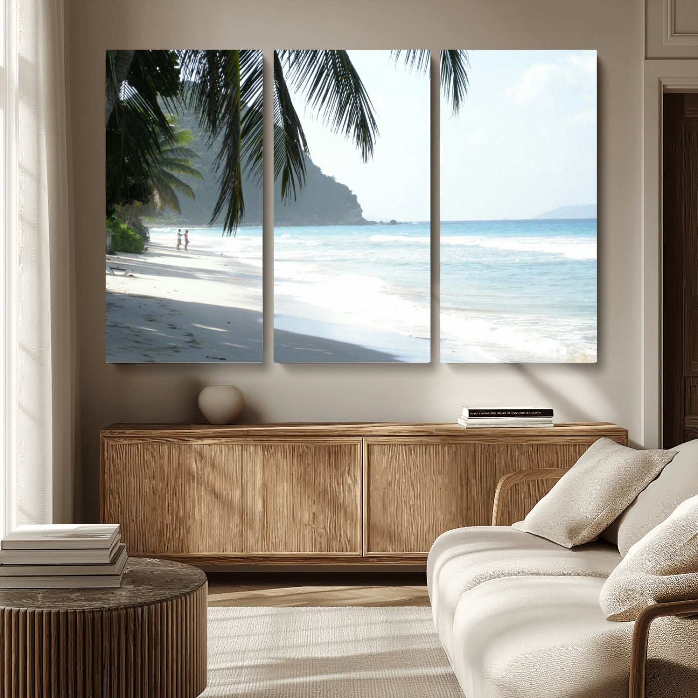 18311030-MGV-CV-36X24-Tropical Beach Wall Art Canvas Print, Framed Serene Ocean Art Picture Print, Palm Tree Shadows Perfect Tropical Coastal Decor