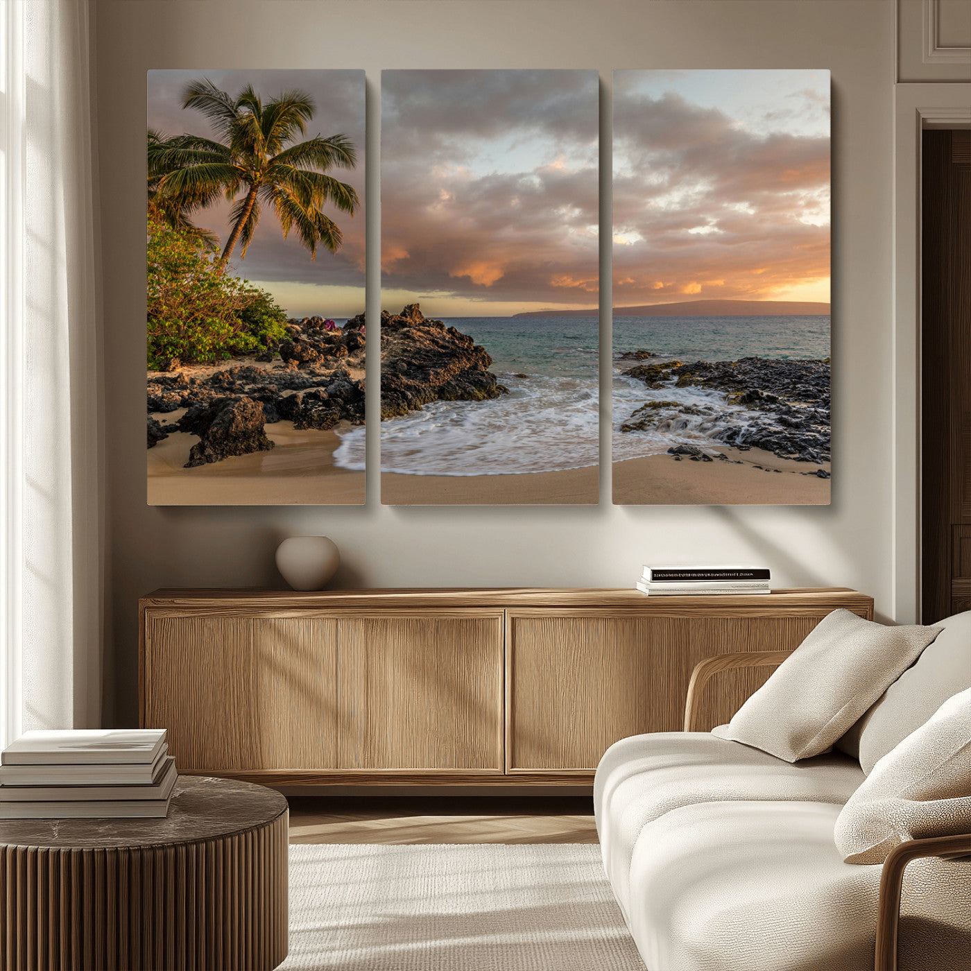 55108220-MGV-CV-36X24-Tropical Beach Wall Art Canvas Print, Framed Hawaiian Sunset Art Picture Print, Ocean Waves Perfect Coastal Tropical Decor Artwork