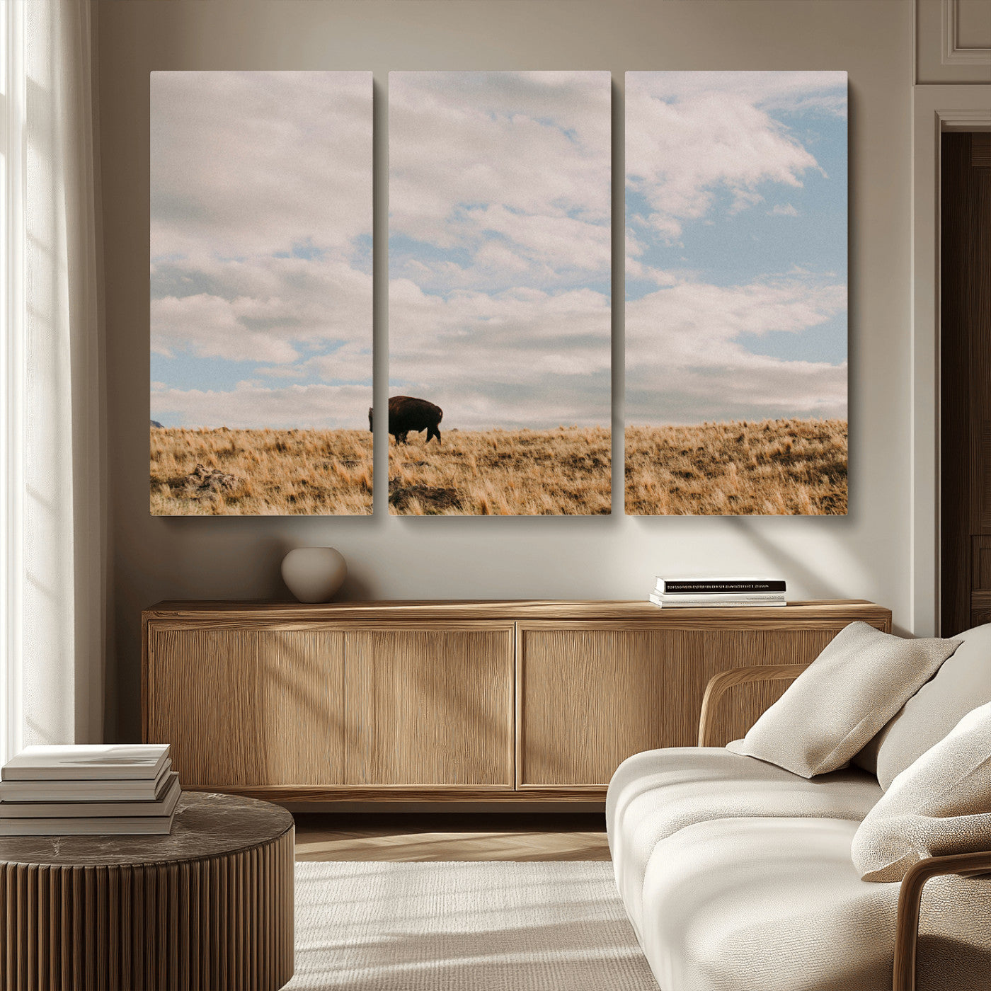 22754563-MGV-CV-36X24-Earthy Tones Wall Art Canvas Print, Framed Rustic Nature Art Picture Print, Solitary Buffalo Perfect Western Minimalist Decor