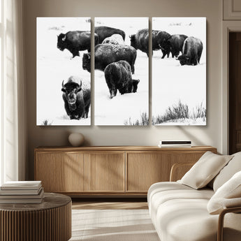 18914414-MGV-CV-36X24-Buffalo Herd Wall Art Canvas Print, Framed Black and White Art Picture Print, Snowy Landscape Perfect Rustic Lodge Decor Decor