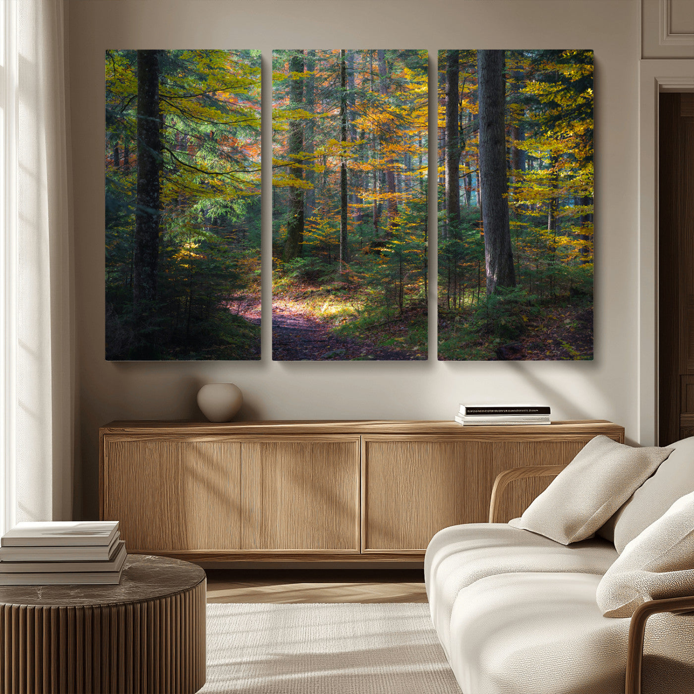 65810864-MGV-CV-36X24-Autumn Forest Wall Art Canvas Print, Framed Fall Woodland Art Picture Print, Golden Leaves Perfect Rustic Farmhouse Decor Artwork