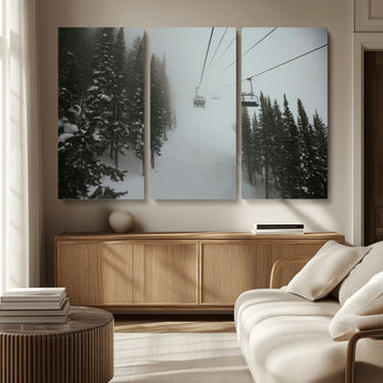 87018452-MGV-CV-36X24-Ski Lift Wall Art Canvas Print, Framed Snowy Pines Art Picture Print, Misty Landscape Perfect Winter Serenity Decor Artwork