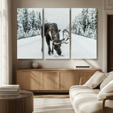 13316292-MGV-CV-36X24-Moose in Snow Wall Art Canvas Print, Framed Winter Wildlife Art Picture Print, Snowy Forest Scene Perfect Rustic Lodge Decor