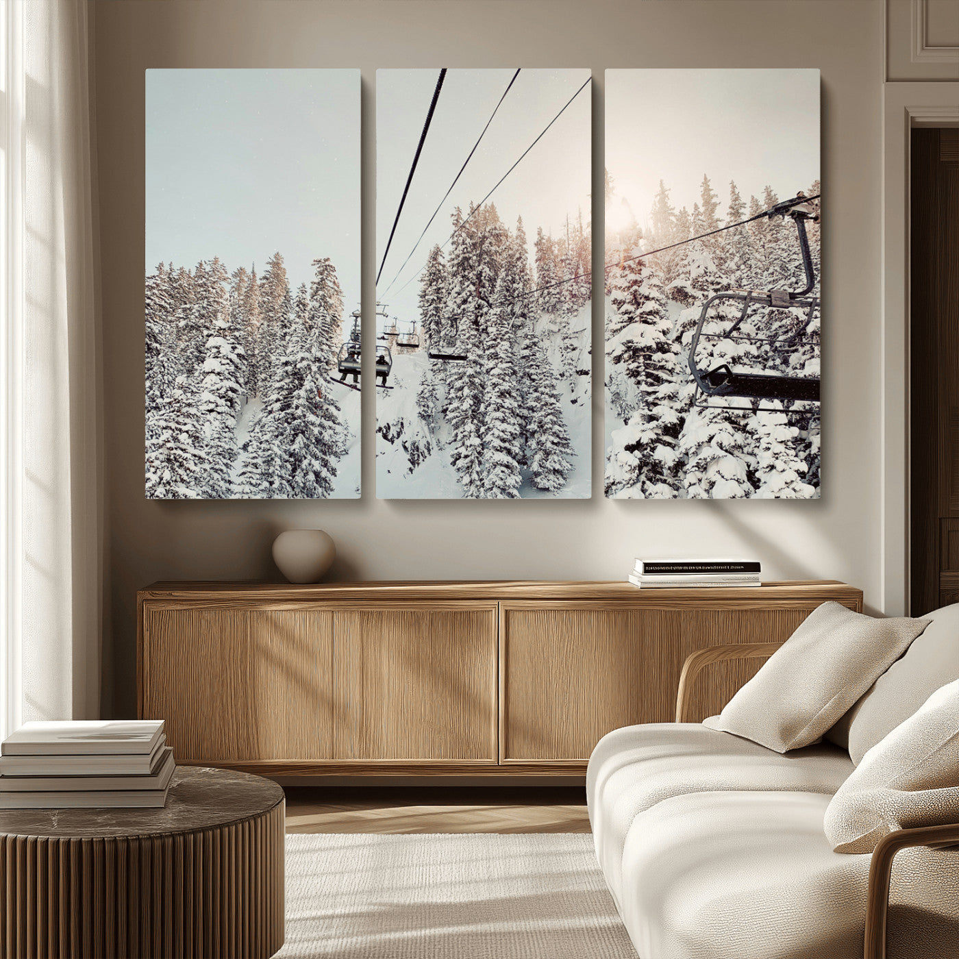 91534512-MGV-CV-36X24-Frosty Pines Wall Art Canvas Print, Framed Cozy Cabin View Art Picture Print, Ski Lift Ride Perfect Rustic Lodge Decor Artwork