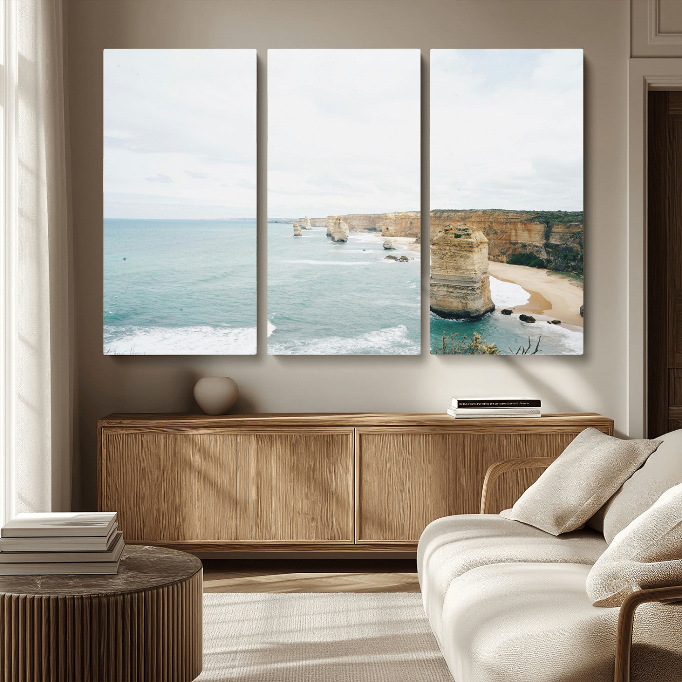 70095633-MGV-CV-36X24-Twelve Apostles Wall Art Canvas Print, Framed Coastal Cliffs Art Picture Print, Rugged Rock Formations Perfect Minimalist Coastal