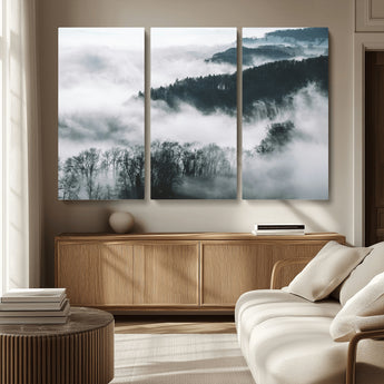 67569654-MGV-CV-36X24-Foggy Forest Wall Art – Mist Covered Hills and Trees Landscape Canvas Print, Moody Nature Photography Decor for Living Room,