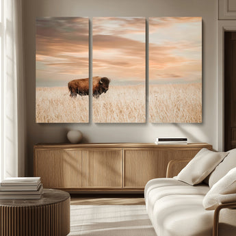 20306324-MGV-CV-36X24-Bison Wall Art – Lone American Buffalo Prairie Sunset Canvas Print, Rustic Western Wildlife Photography Decor for Living Room,