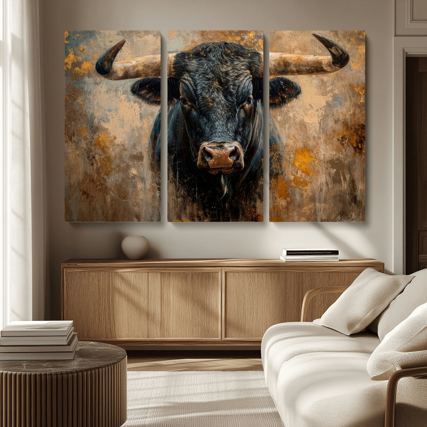 91615410-MGV-CV-36X24-Bull Wall Art – Rustic Western Longhorn Canvas Print, Powerful Abstract Animal Painting, Farmhouse Ranch Decor for Living Room,