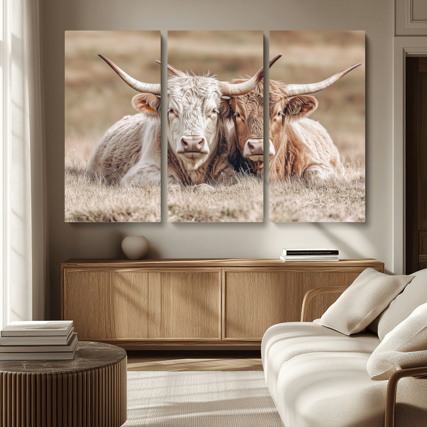 38651722-MGV-CV-36X24-Cow Wall Art – Rustic Longhorn Pair Canvas Print, Western Farmhouse Animal Painting, Country Ranch Decor for Living Room, Bedroom,