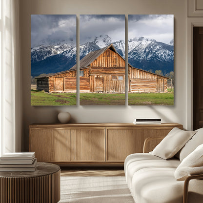 15173627-MGV-CV-36X24-Barn Wall Art – Rustic Wooden Cabin Canvas Print with Snowy Mountain Landscape, Western Farmhouse Country Decor for Living Room,