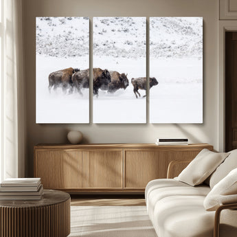 61161423-MGV-CV-36X24-Running Bison Herd Wall Art – Winter Buffalo Canvas Print, Wildlife Photography Decor for Rustic Living Room, Farmhouse, Lodge,