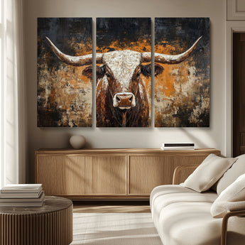 25265572-MGV-CV-36X24-Longhorn Bull Wall Art – Rustic Western Texas Steer Canvas Print, Textured Animal Painting for Home, Office, Man Cave or Farmhouse