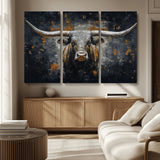 93195031-MGV-CV-36X24-Dark Longhorn Bull Wall Art – Western Steer Canvas Print, Moody Rustic Animal Painting for Man Cave, Ranch House, Office or Modern