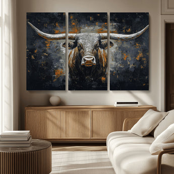 93195031-MGV-CV-36X24-Dark Longhorn Bull Wall Art – Western Steer Canvas Print, Moody Rustic Animal Painting for Man Cave, Ranch House, Office or Modern