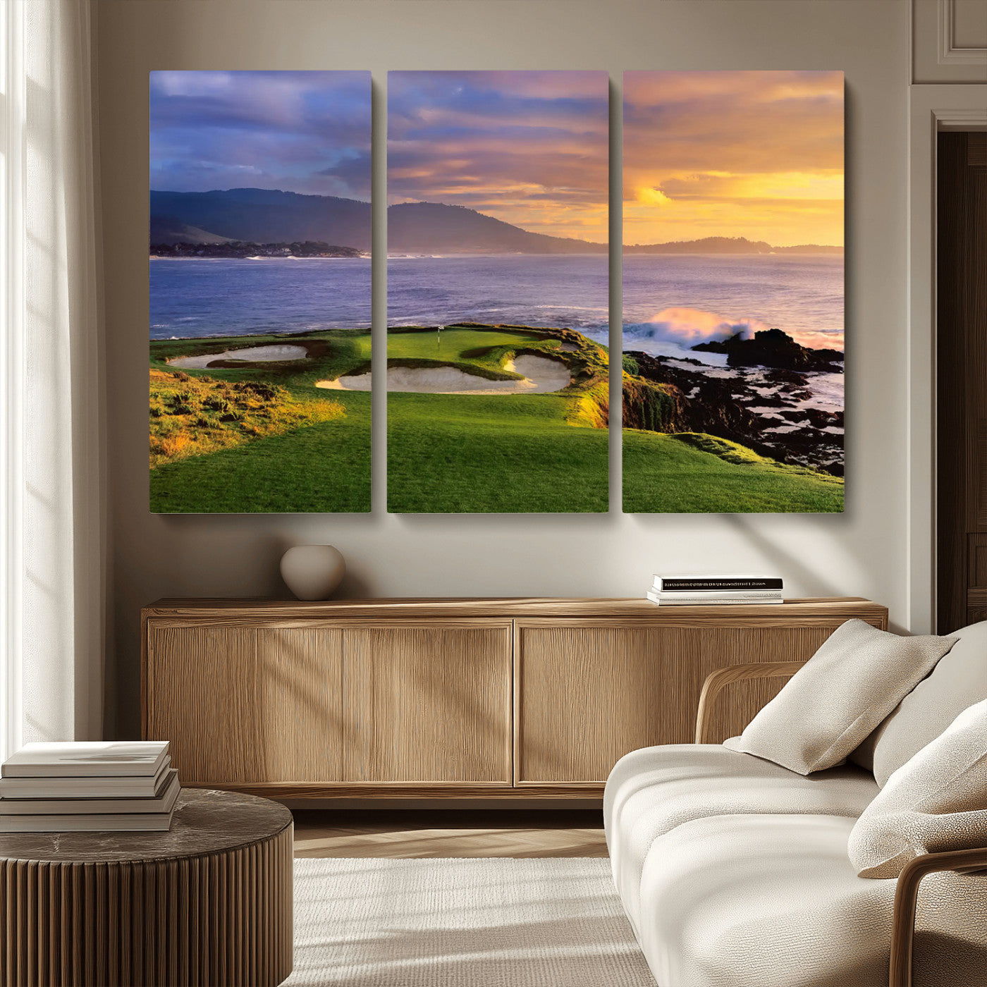 39644075-MGV-CV-36X24-Golf Course Wall Art – Coastal Sunset Canvas Print, Scenic Oceanfront Fairway Landscape Decor for Office, Man Cave, or Living Room