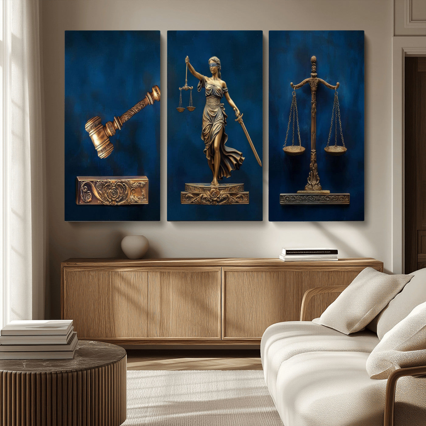 91629053-MGV-CV-36X24-Lady Justice Wall Art – Golden Gavel and Scales Canvas Print, Elegant Legal Office Decor for Lawyers, Judges, Courtroom or Study