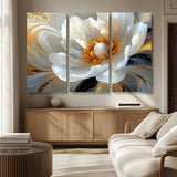 39604126-MGV-CV-36X24-Abstract Flower Wall Art – Elegant White and Gold Bloom Canvas Print, Modern Floral Artwork for Bedroom, Living Room, or Office