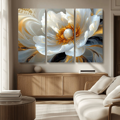 39604126-MGV-CV-36X24-Abstract Flower Wall Art – Elegant White and Gold Bloom Canvas Print, Modern Floral Artwork for Bedroom, Living Room, or Office