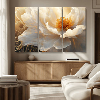 29539087-MGV-CV-36X24-Floral Wall Art – Elegant White and Gold Bloom Canvas Print, Romantic Modern Flower Artwork for Bedroom, Living Room, or Office