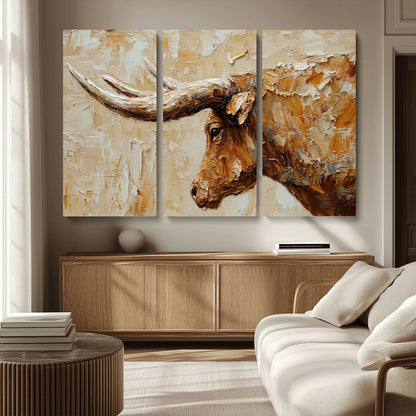 69611428-MGV-CV-36X24-Longhorn Bull Wall Art – Rustic Western Canvas Print, Textured Farmhouse Cattle Painting for Living Room, Office, or Ranch House