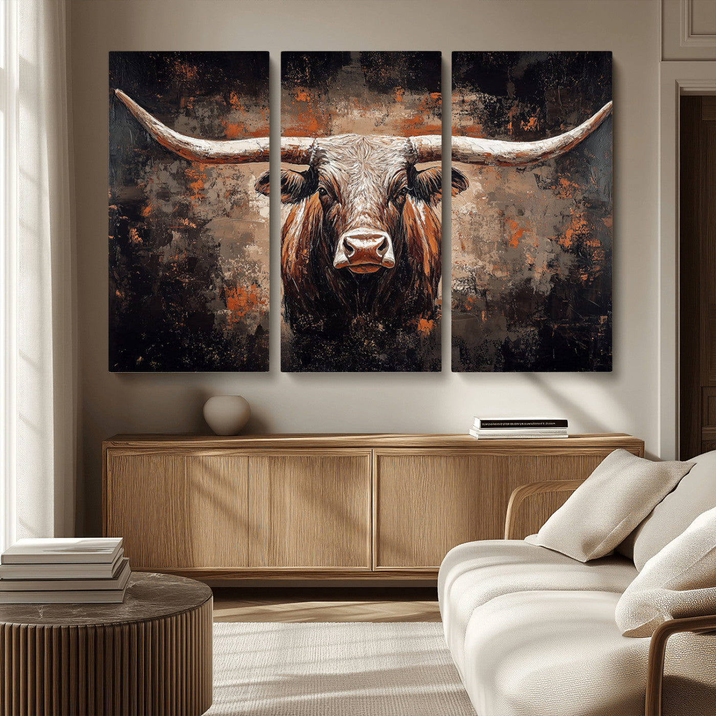 24779067-MGV-CV-36X24-Longhorn Bull Wall Art – Western Rustic Canvas Print, Bold Cowboy Cattle Painting for Ranch House, Farmhouse, Office, or Living