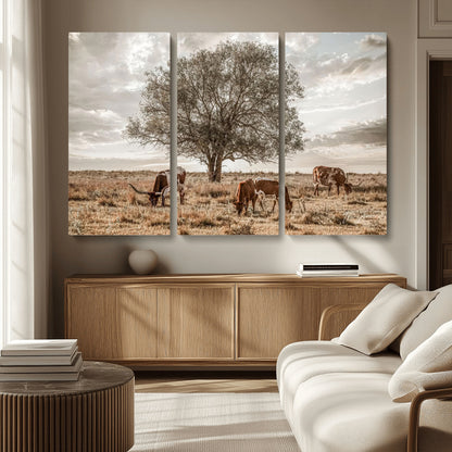 87590224-MGV-CV-36X24-Longhorn Cattle Wall Art – Rustic Western Landscape Canvas Print, Texas Farmhouse Prairie Scene for Living Room, Office, or Ranch
