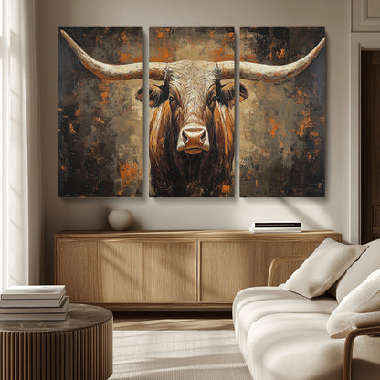 19204445-MGV-CV-36X24-Texas Longhorn Bull Wall Art – Rustic Western Canvas Print, Bold Cowboy Cattle Painting for Ranch House, Farmhouse, Office, or