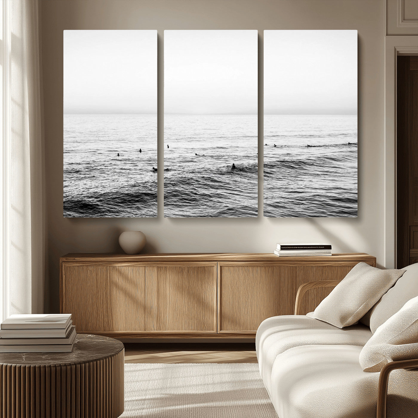 47208268-MGV-CV-36X24-Surfer Ocean Wall Art – Black and White Coastal Canvas Print, Minimalist Surfing Seascape Decor for Living Room, Bedroom, or Beach