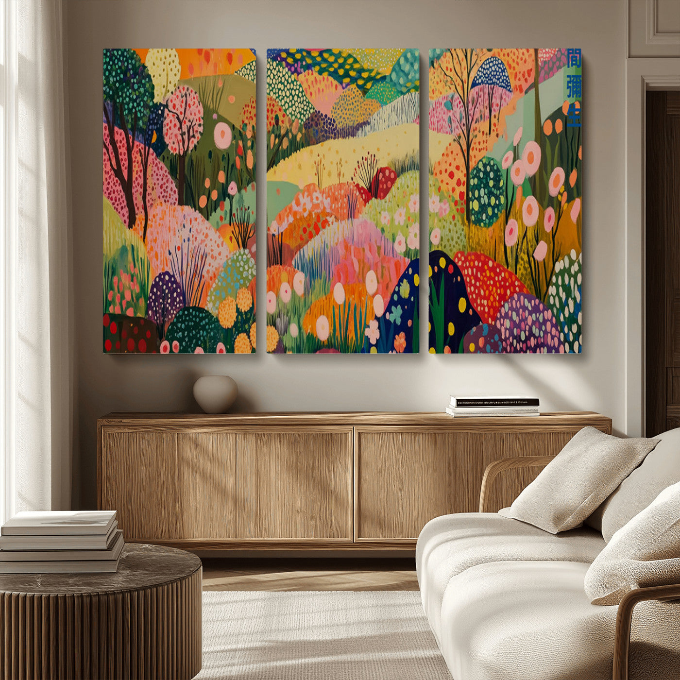 79636380-MGV-CV-36X24-Colorful Abstract Landscape Wall Art – Vibrant Hills and Flowers Canvas Print, Modern Whimsical Artwork for Living Room, Bedroom,