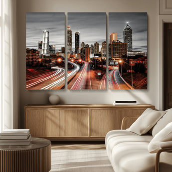 59097239-MGV-CV-36X24-City Skyline Wall Art – Modern Black and White Night Canvas Print with Red Light Trails, Urban Landscape Decor for Living Room or